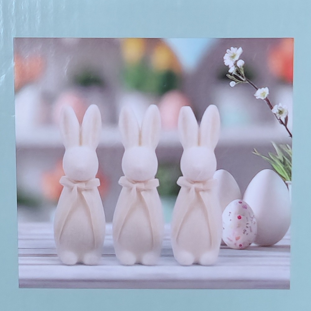 Kirkton House 3PK Small Flocked Bunnies Cream Easter Spring Decor Figurines NEW